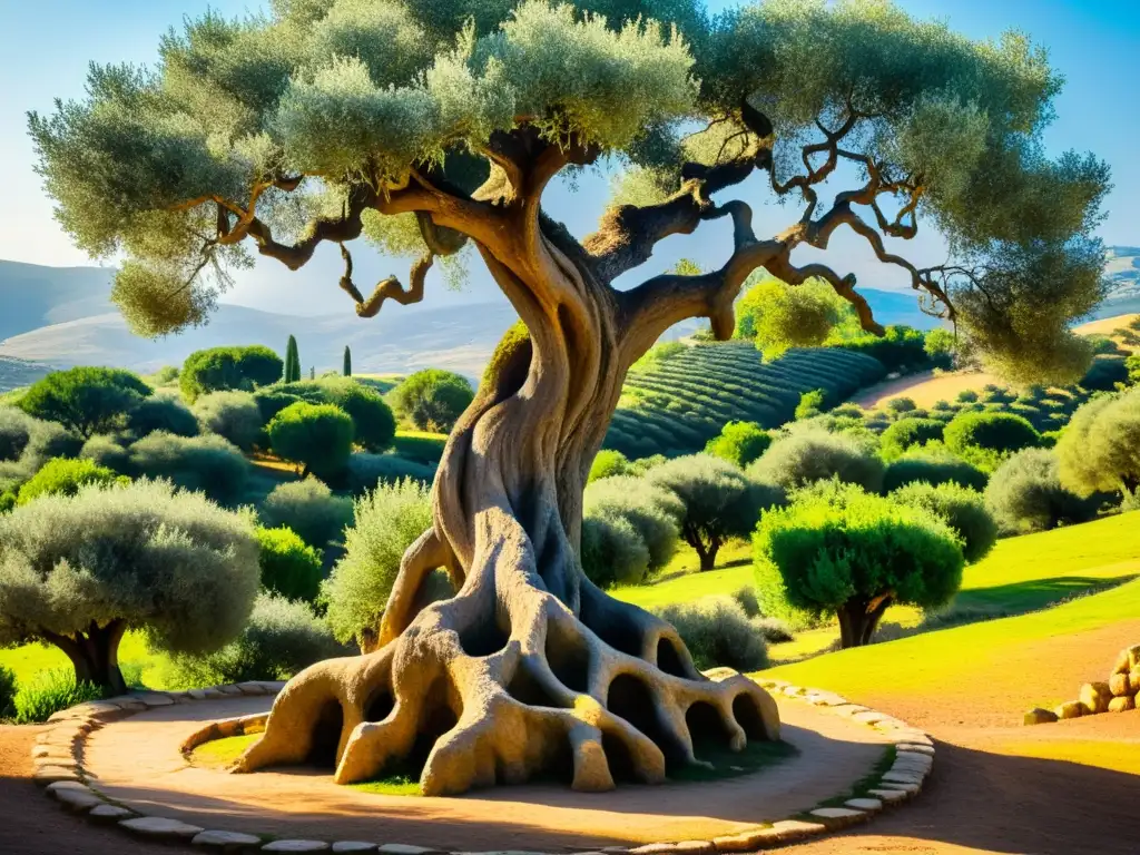 Un antiguo olivo con retorcidas ramas se alza en un frondoso y vibrante olivar