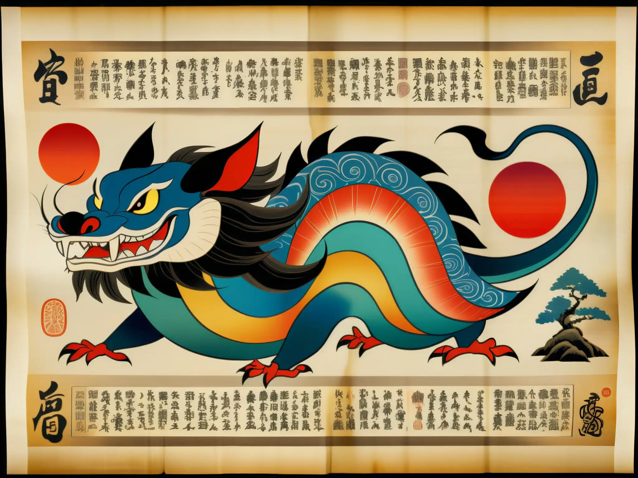 Antiguo pergamino detallado de Yokai, con vibrantes ilustraciones y simbolismo japonés