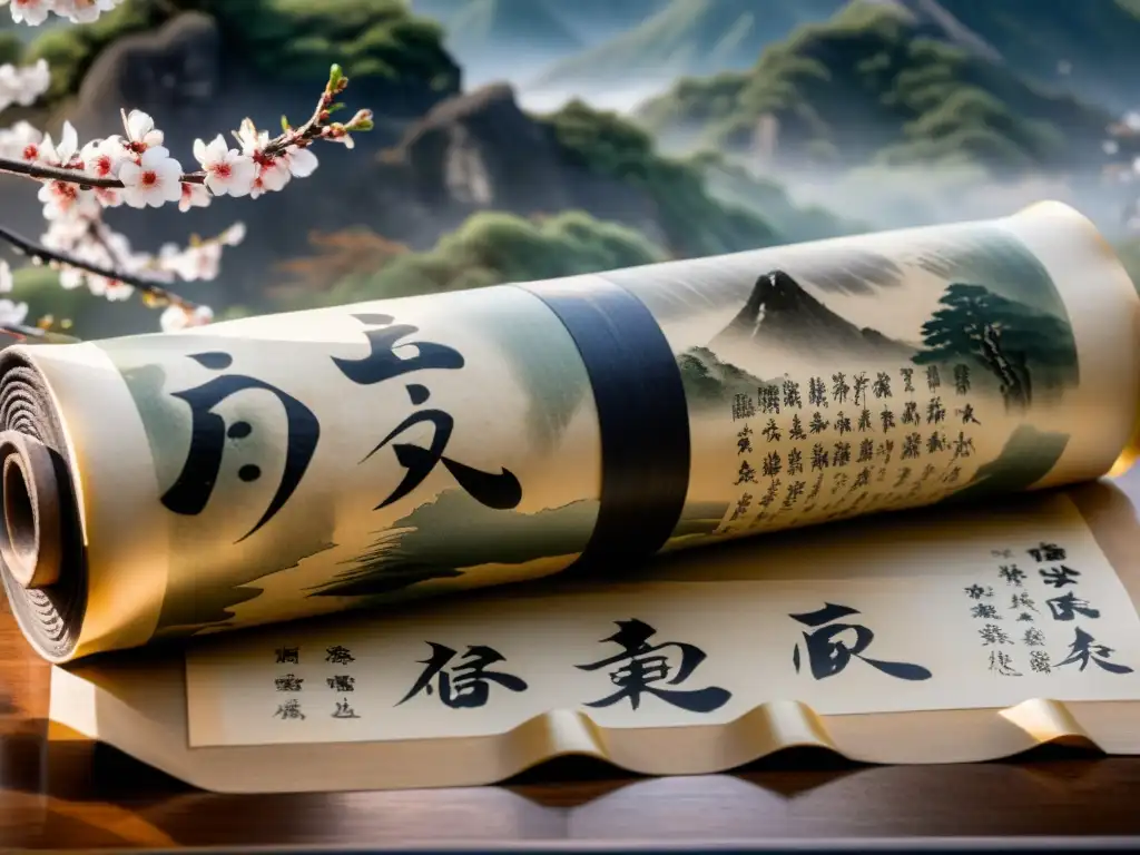 Antiguo pergamino japonés con caligrafía y escenas misteriosas del 'Poema Maldito de Japón análisis', entre montañas brumosas y cerezos en flor