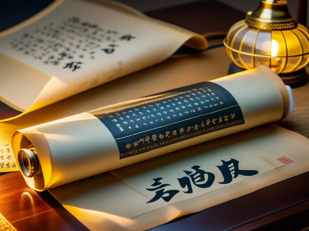 Antiguo pergamino japonés con caligrafía delicada y adornos dorados, iluminado por la luz suave de una lámpara de escritorio