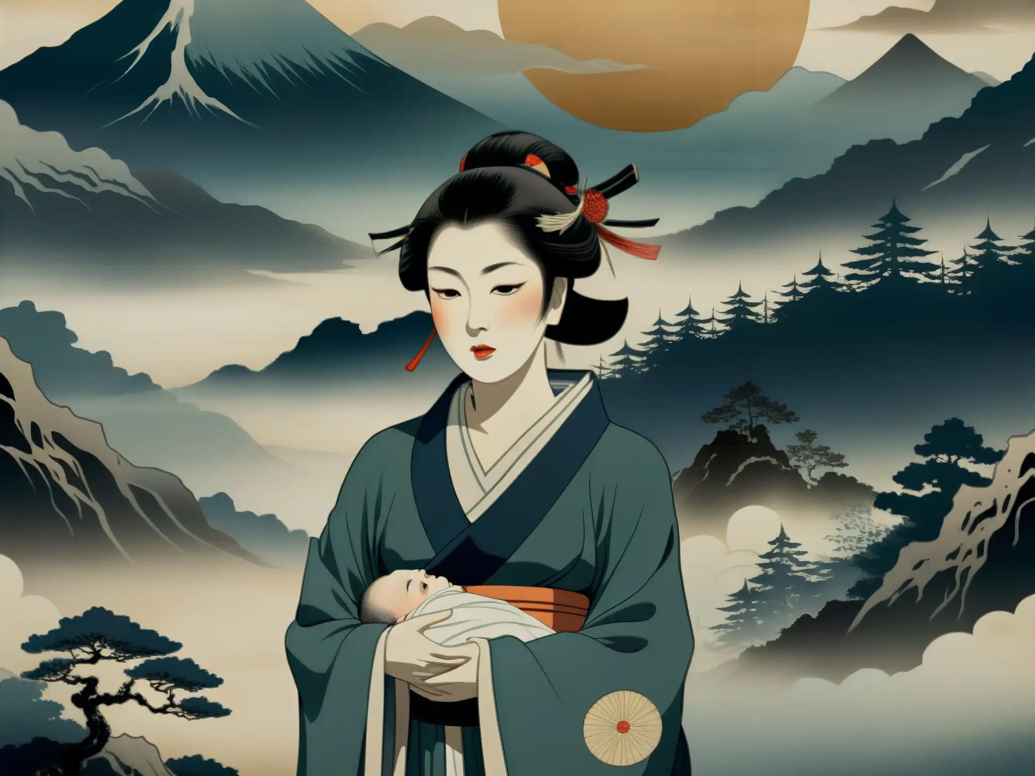 Antiguo pergamino japonés detallado en 8k muestra a la Ubume, madre fantasmal del folklore japonés, entre montañas brumosas y luz de luna