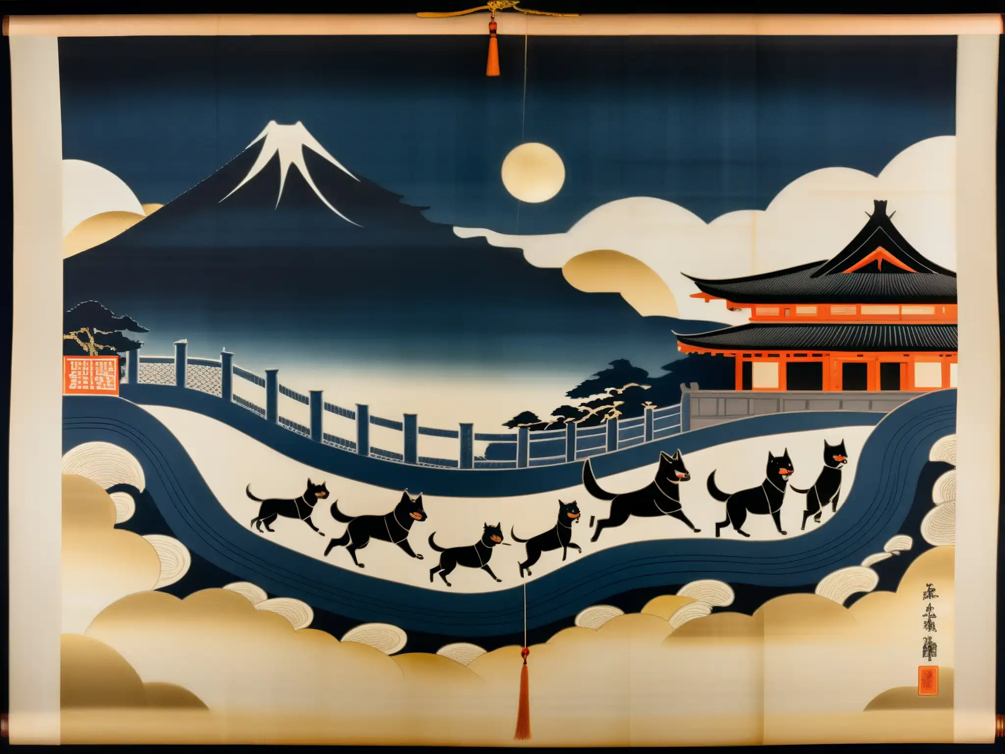 Un antiguo pergamino muestra a los espíritus Inugami, con rasgos caninos y ojos fieros, flotando sobre un pueblo japonés de noche