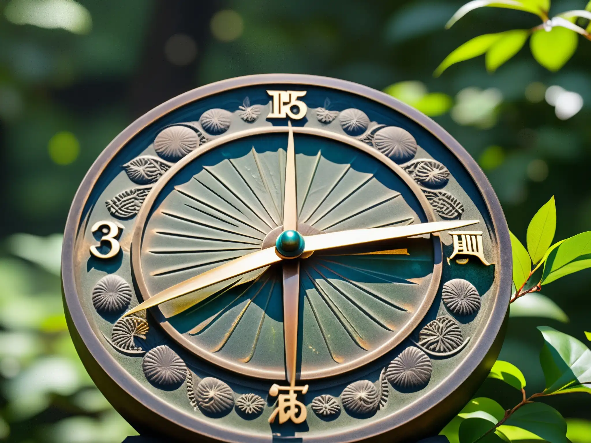 Un antiguo reloj solar japonés, El Reloj Maldito de Myojin, con intrincadas grabados, en un entorno místico y enigmático