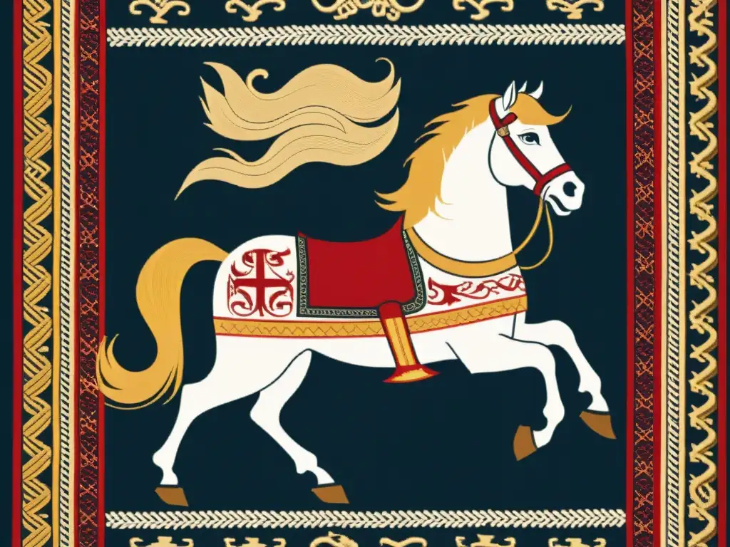 Un antiguo tapiz vikingo muestra al mítico caballo de ocho patas Sleipnir, con detalles intrincados en colores ricos, enmarcado por bordados delicados