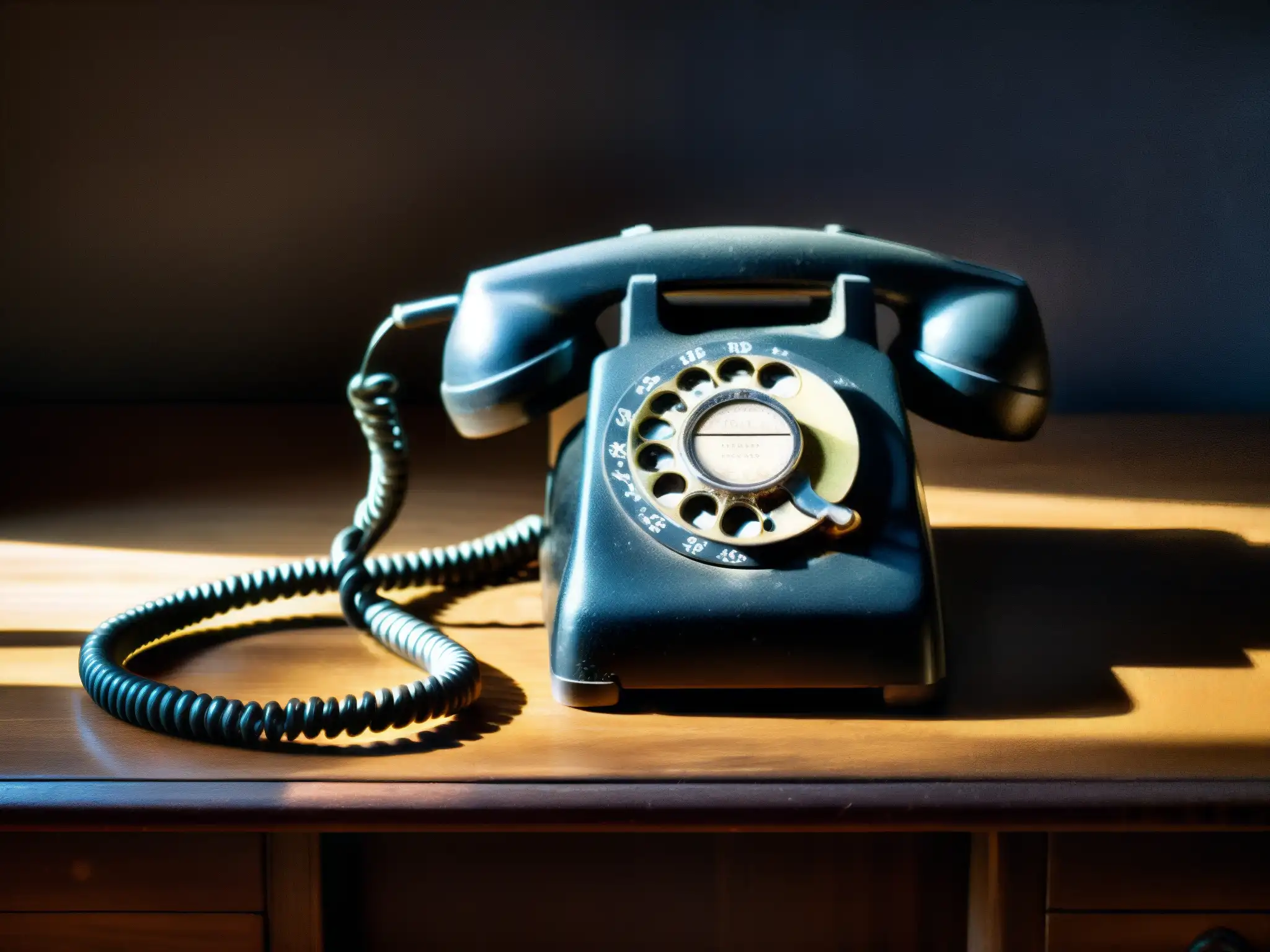 Antiguo teléfono con cables desgastados en un escritorio abandonado, evocando misterio y la verdad sobre maldición números telefónicos