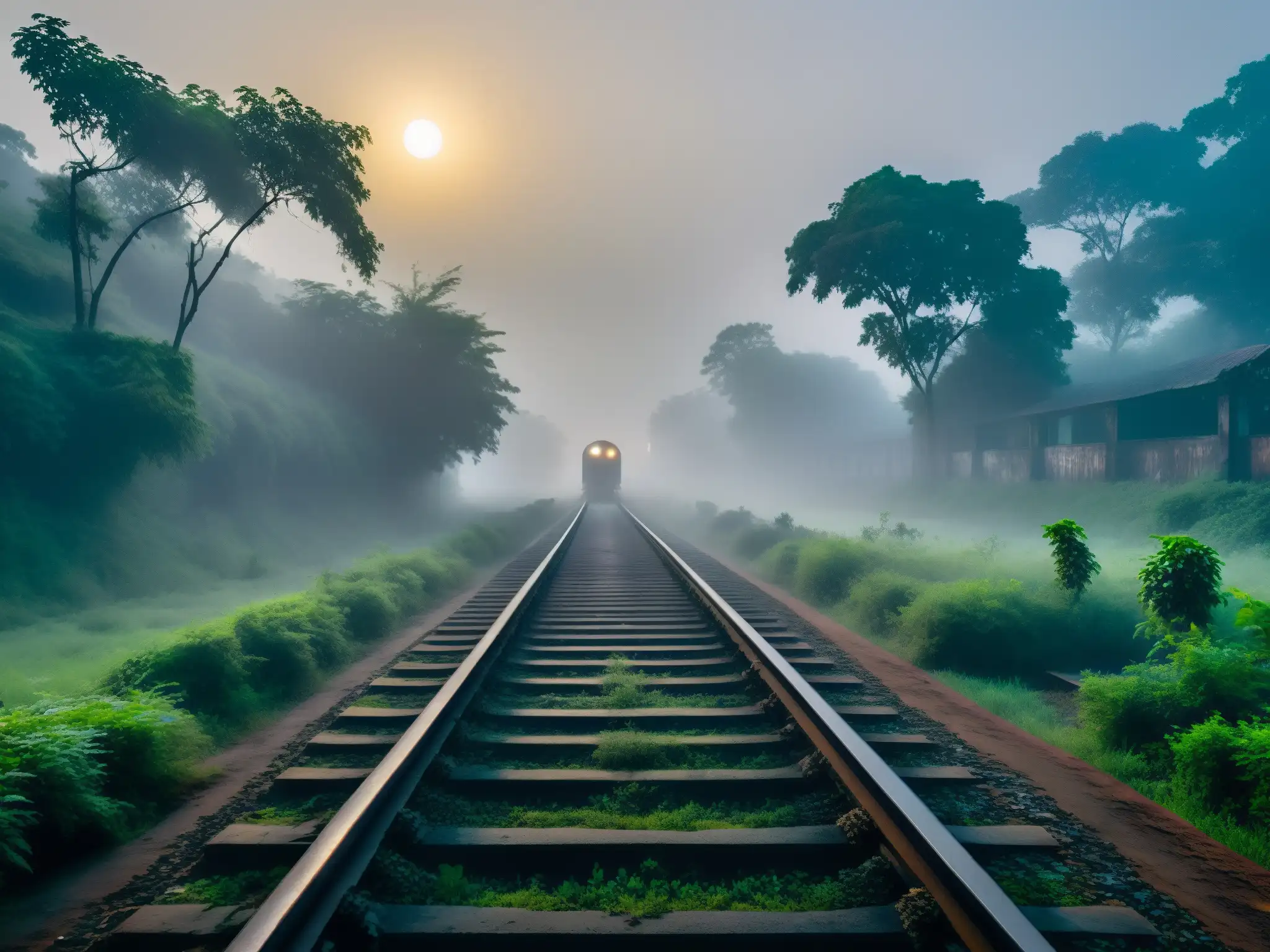 Un antiguo tren abandonado se desvanece en la niebla de una noche misteriosa en India, rodeado de mitos y leyendas sobre un tren fantasma