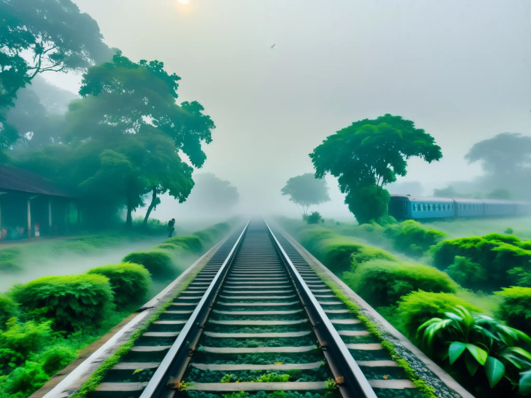 Un antiguo y abandonado tren en una vía rodeada de niebla en Bangladesh, evocando el misterioso fantasma del tren en Bangladesh