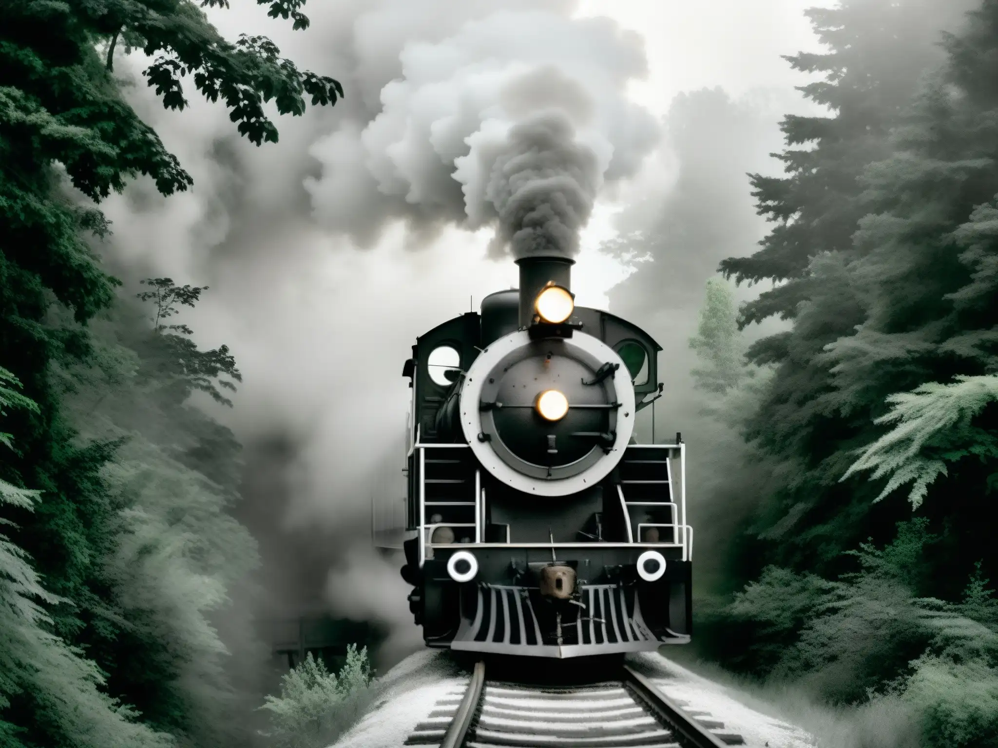 Un antiguo tren de vapor avanza entre un bosque denso, envuelto en una misteriosa niebla
