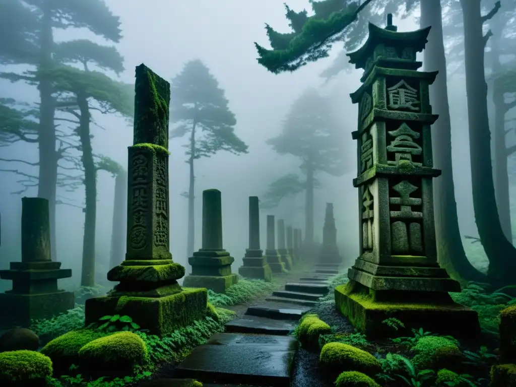 Antiguos pilares de piedra cubiertos de musgo en un bosque neblinoso en Japón, transmitiendo la inquietante leyenda de los Hitobashira