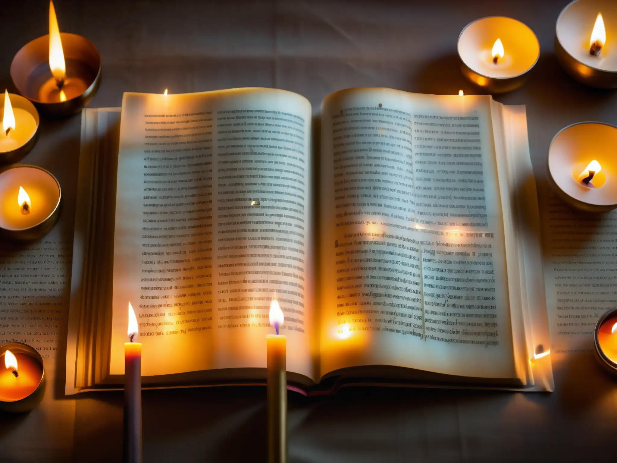 Antiguos textos hindúes con profecías de Kalki, iluminados por velas en templo ornamentado