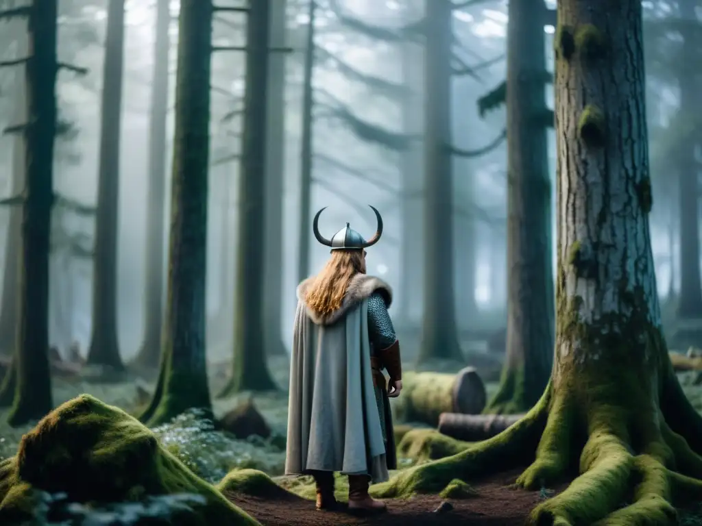 Aparición fantasmal del rey vikingo en un antiguo bosque neblinoso, con efectos etéreos y misteriosa aura