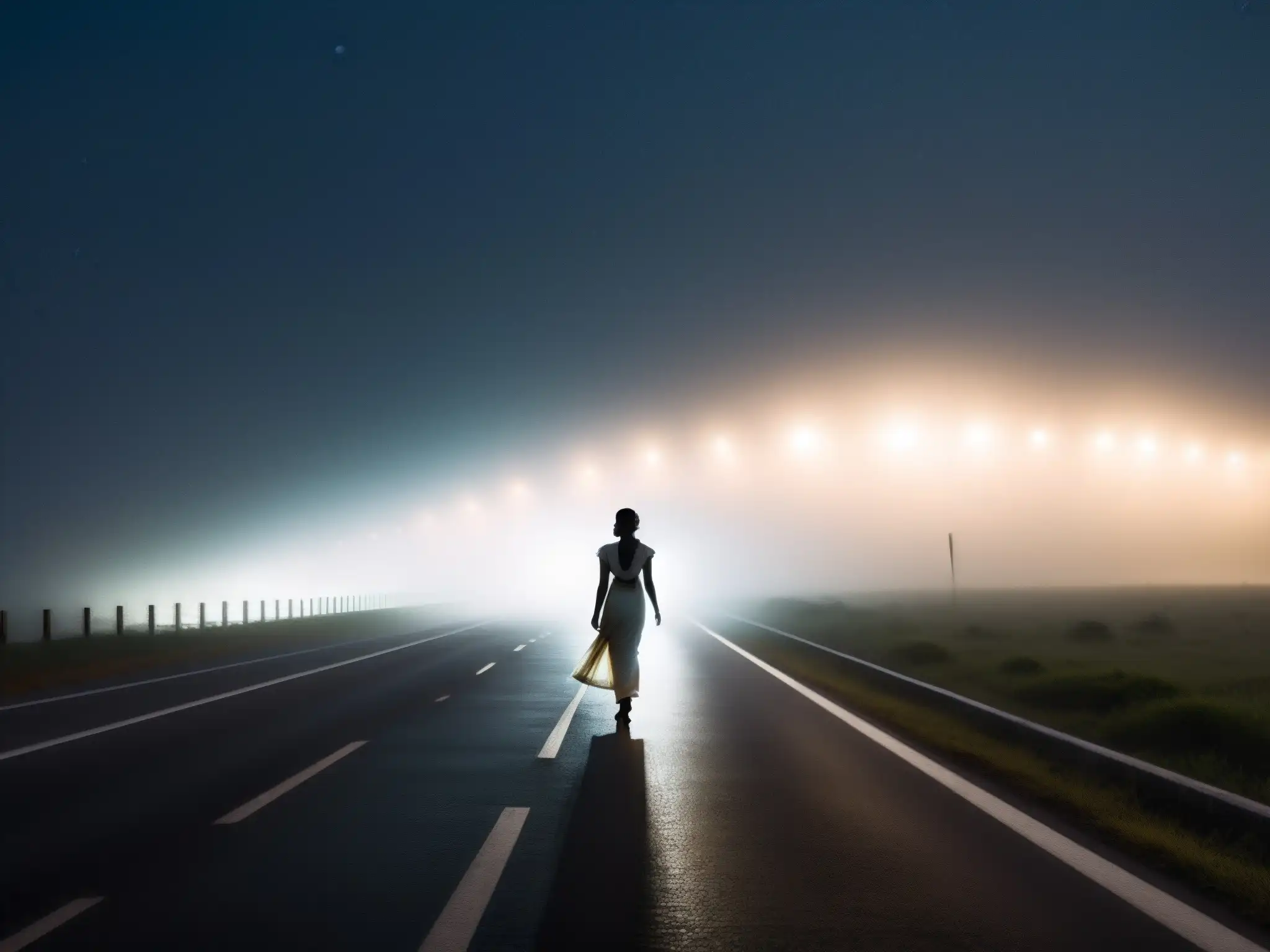 Una aparición de mujer en sari blanco en una misteriosa carretera de la India, envuelta en niebla y luz de un vehículo