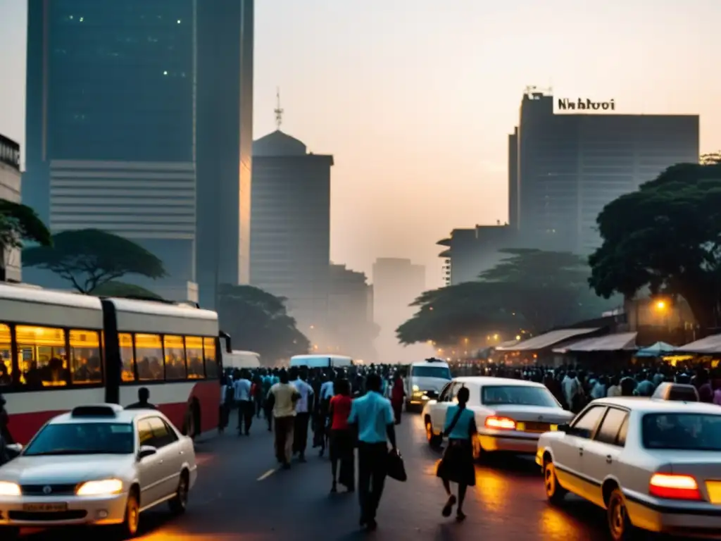 Apariciones en las calles de Nairobi: Atmósfera nocturna con siluetas de personas, edificios altos y bullicio urbano