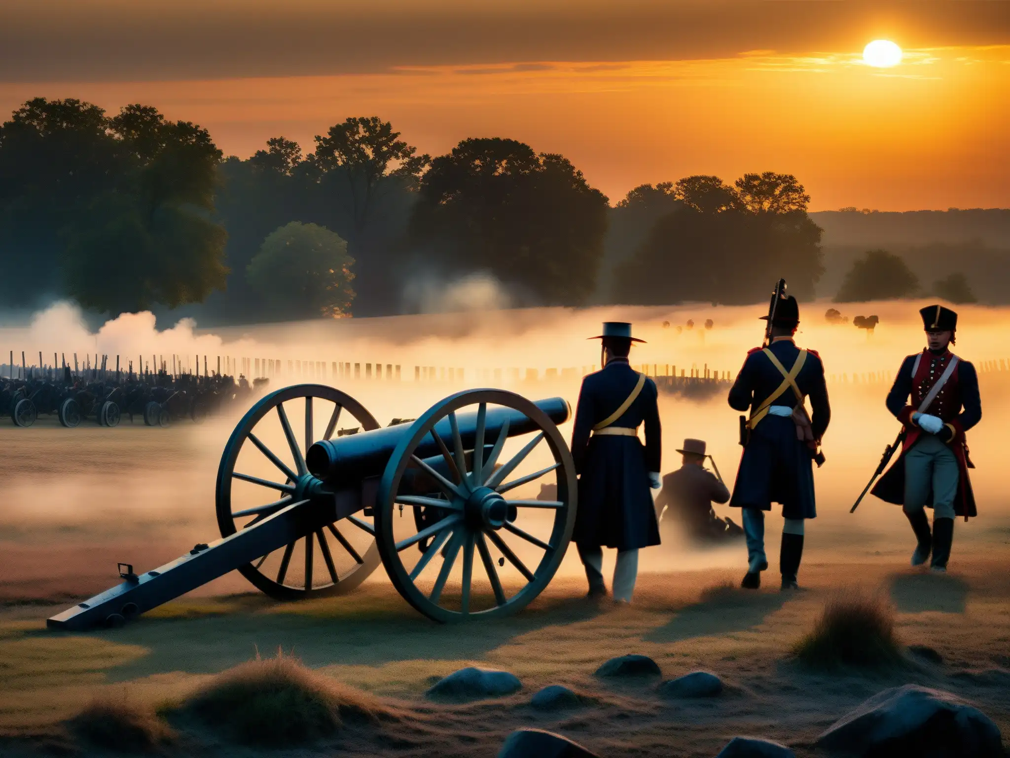 Apariciones en campo de guerra: Siluetas de soldados y cañones en la neblina del atardecer en Gettysburg, evocando solemnidad histórica
