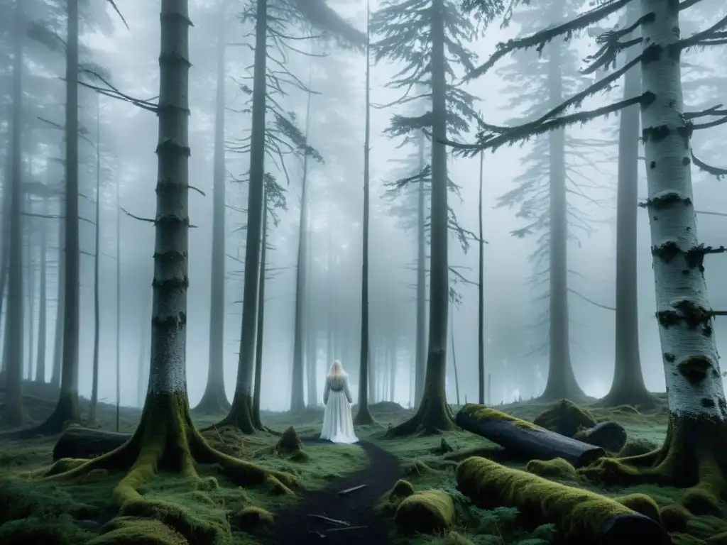 Apariciones de la Dama Blanca Noruega entre los árboles neblinosos al anochecer, evocando una atmósfera etérea y misteriosa