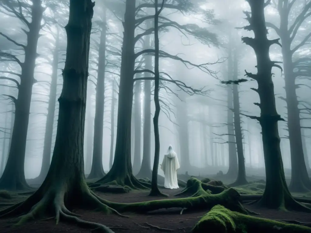 Apariciones de la Dama Blanca Noruega en un bosque neblinoso y lunar, entre árboles altos y retorcidos