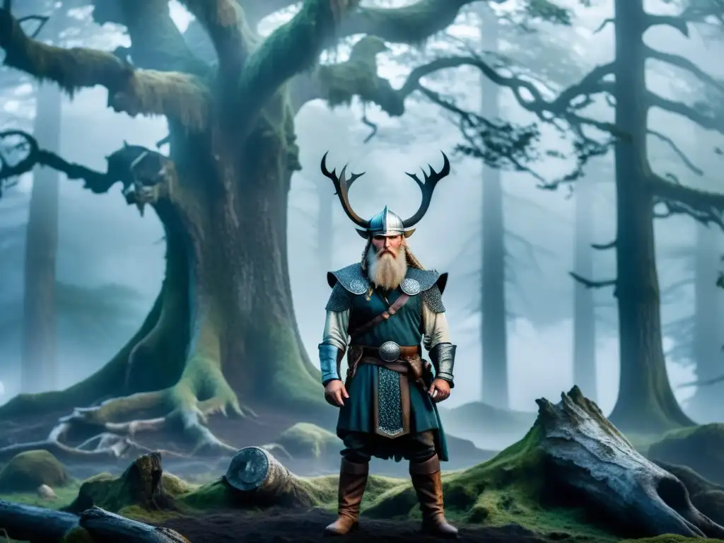 Apariciones del fantasma del rey vikingo en un bosque brumoso y con árboles antiguos y retorcidos, evocando misterio y presencia etérea