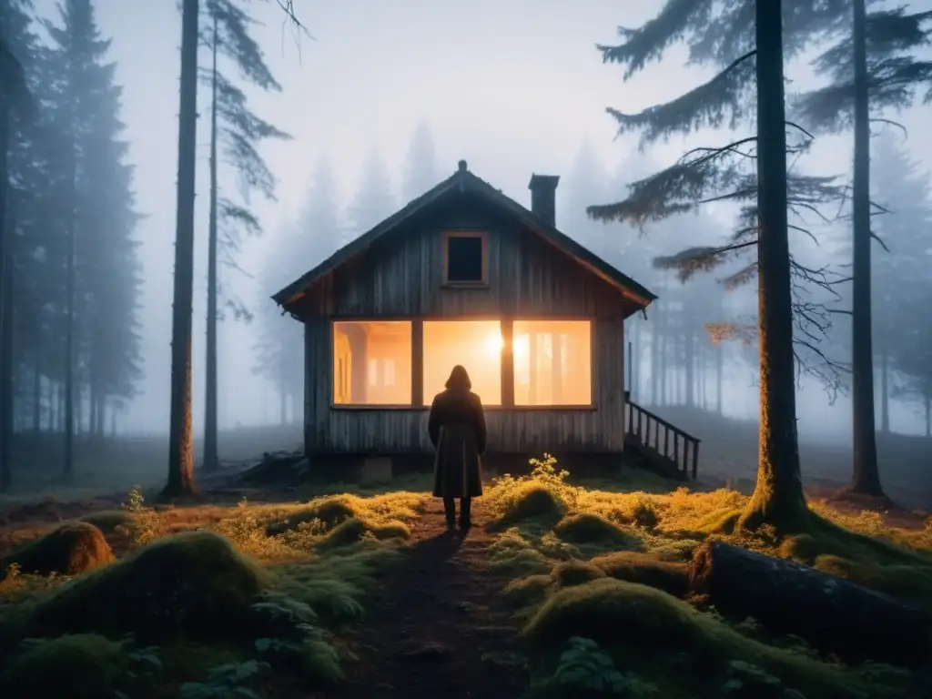 Apariciones fantasmales en la cultura finlandesa: bosque brumoso al anochecer, casa abandonada y figura fantasmal entre la niebla