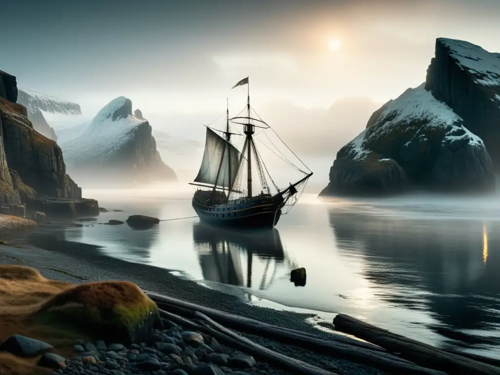 Apariciones marinas en la costa nórdica: un barco fantasmal emerge de la niebla con un aura de misterio y atmósfera sobrenatural