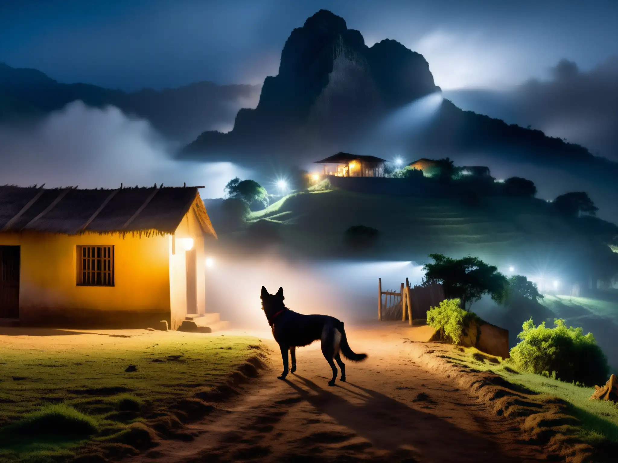 Apariciones nocturnas: misterioso perro negro emerge de la niebla en un pueblo de América del Sur, evocando atmósfera sobrenatural