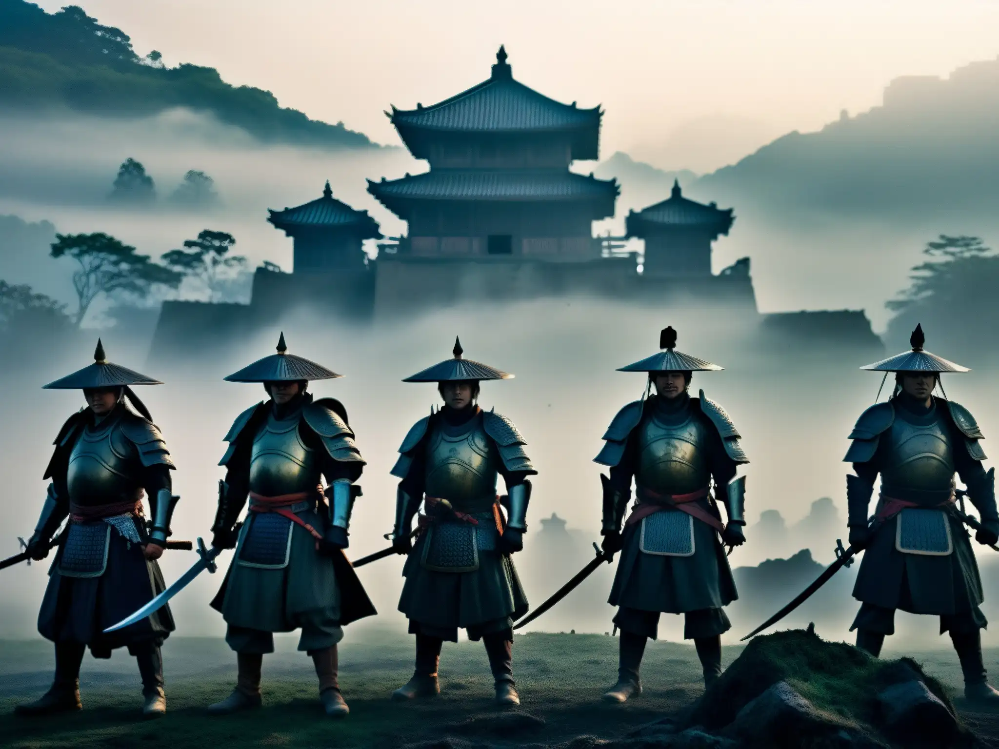 Apariciones de samuráis fantasmas en antigua batalla, rodeadas de misterio y desolación
