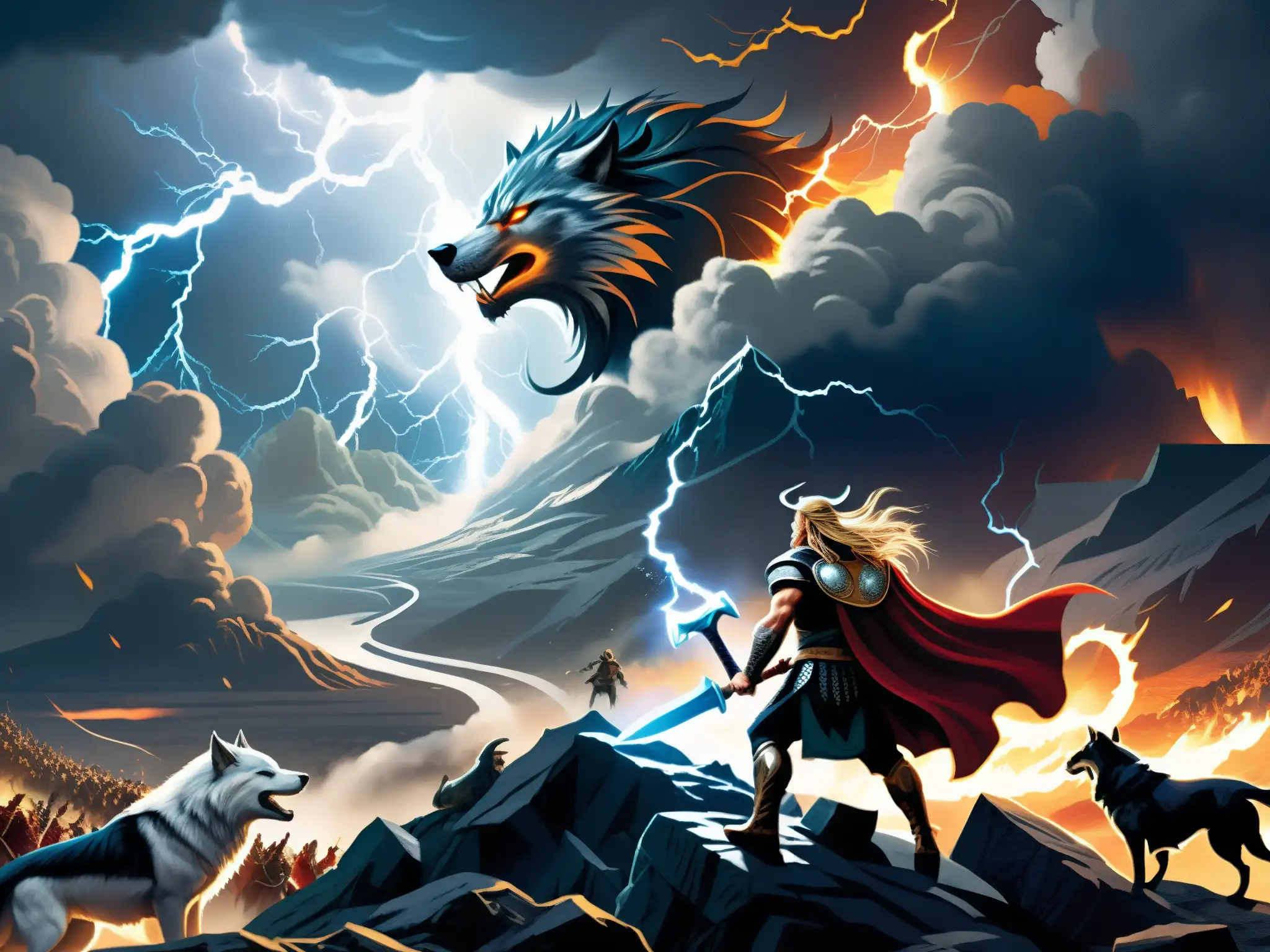 Épica ilustración del Apocalipsis vikingo Ragnarök mito con Odin, Thor, Loki y otros dioses en combate entre nubes de tormenta y criaturas monstruosas