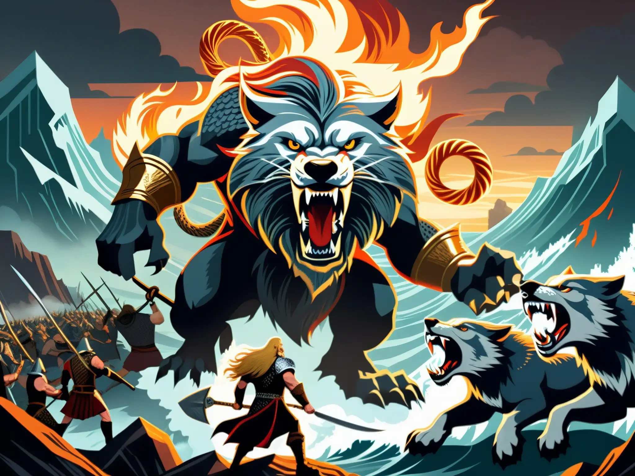 Épica ilustración del apocalipsis vikingo Ragnarök mito, con dioses, gigantes y bestias en un paisaje caótico y ardiente