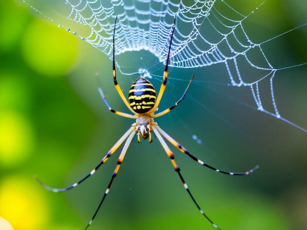 Una araña tejedora dorada (Nephila) crea una intrincada red con hilos relucientes