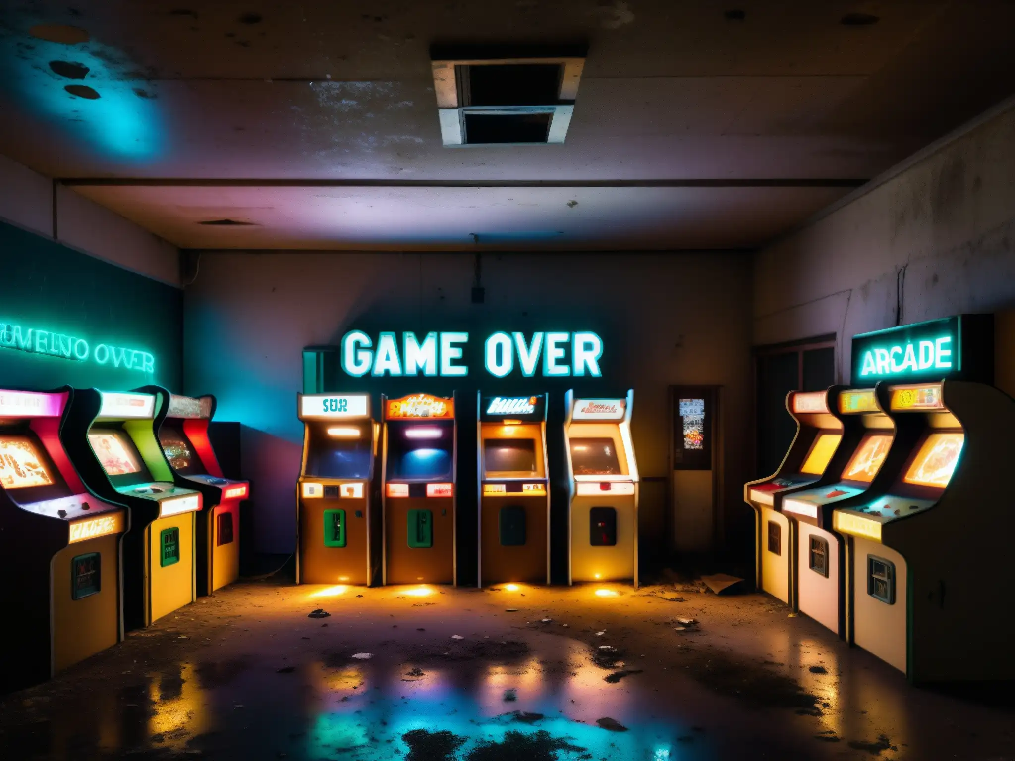 Un arcade abandonado y cubierto de maleza con gabinetes de juegos rotos y oxidados dispersos en un espacio poco iluminado