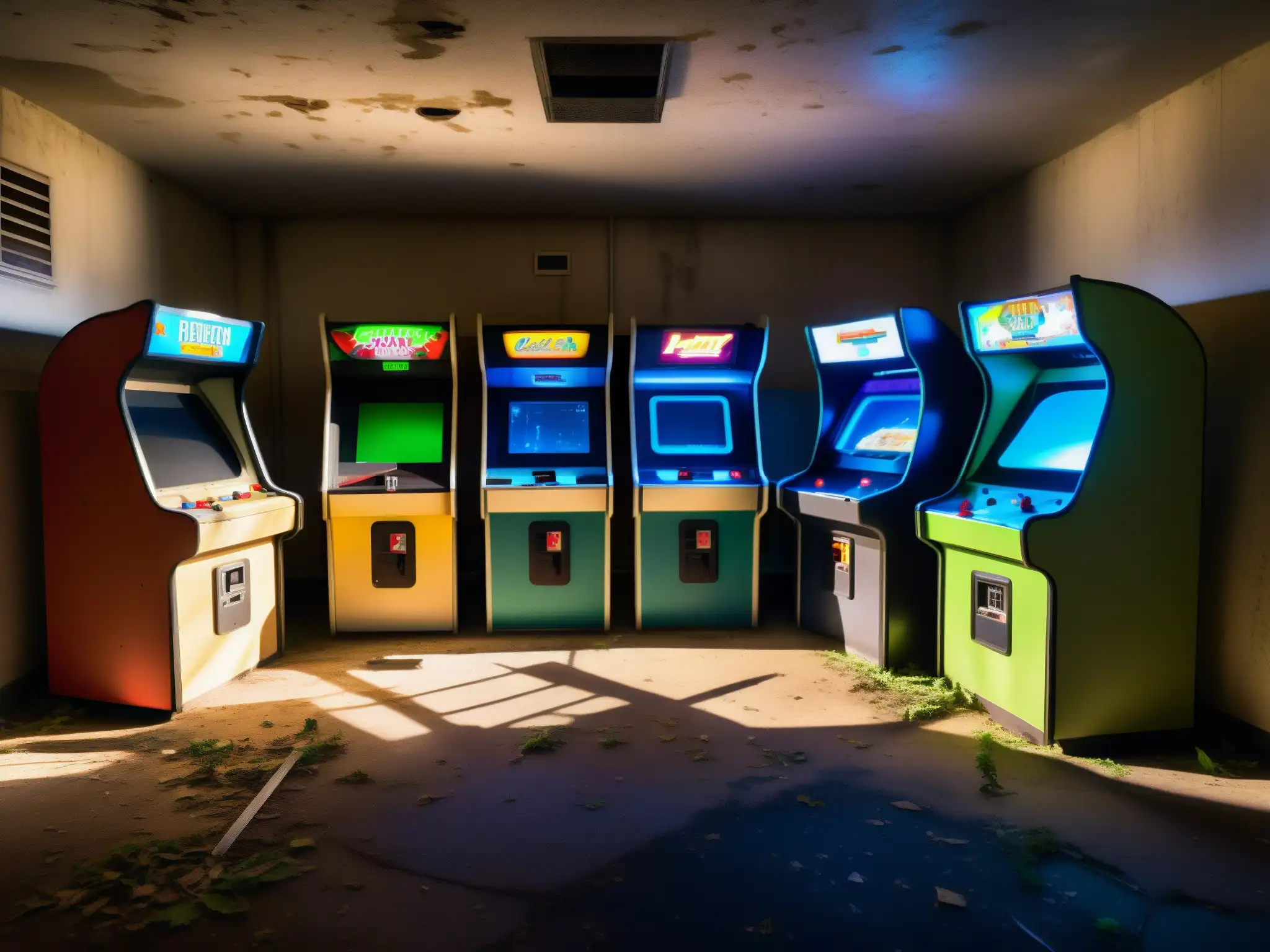 Un arcade abandonado con máquinas cubiertas de polvo y enredaderas, evocando leyendas urbanas de videojuegos abandonware