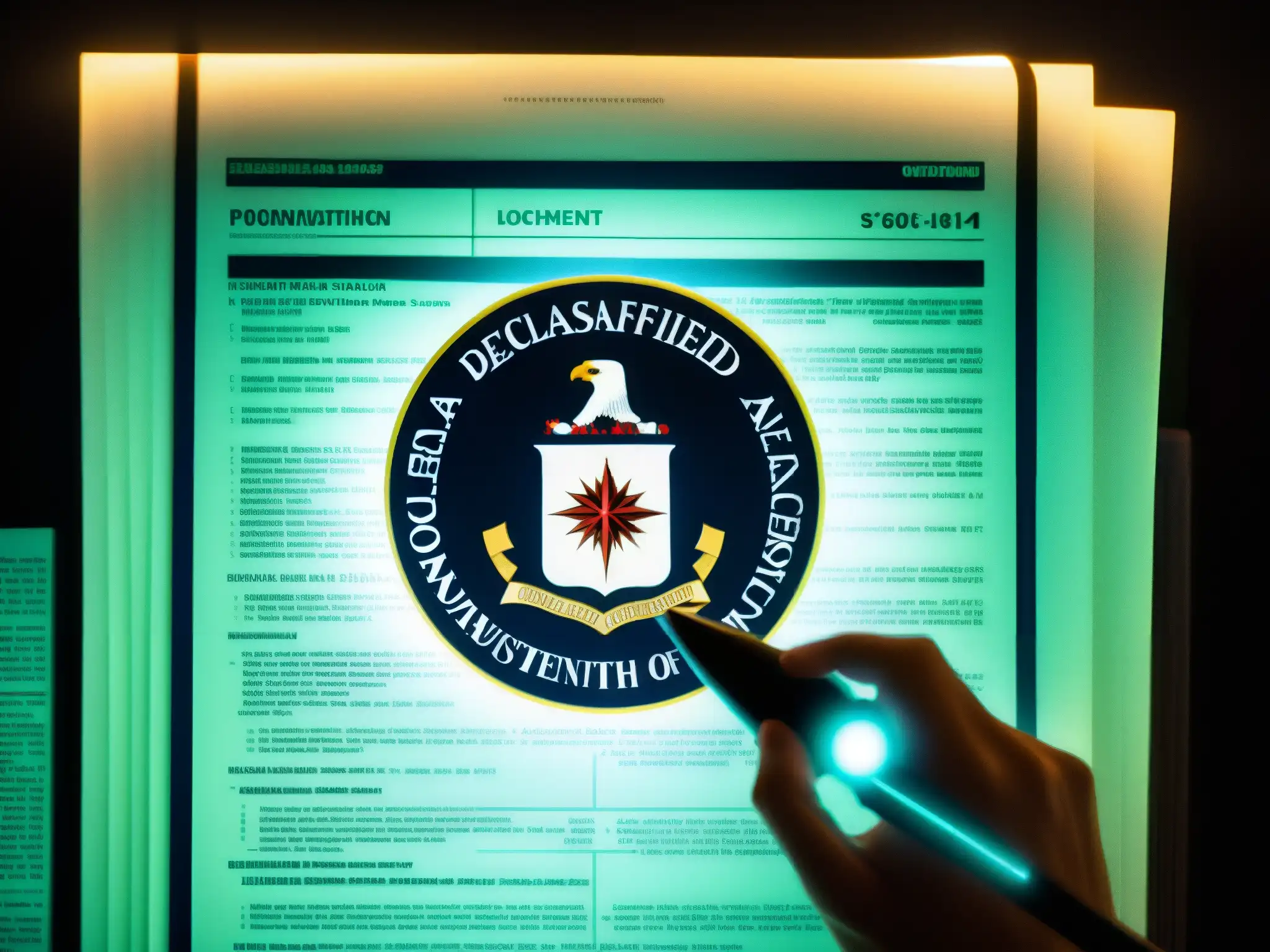 Archivo desclasificado de fenómenos paranormales de la CIA rodeado de investigadores y documentos clasificados en instalación gubernamental