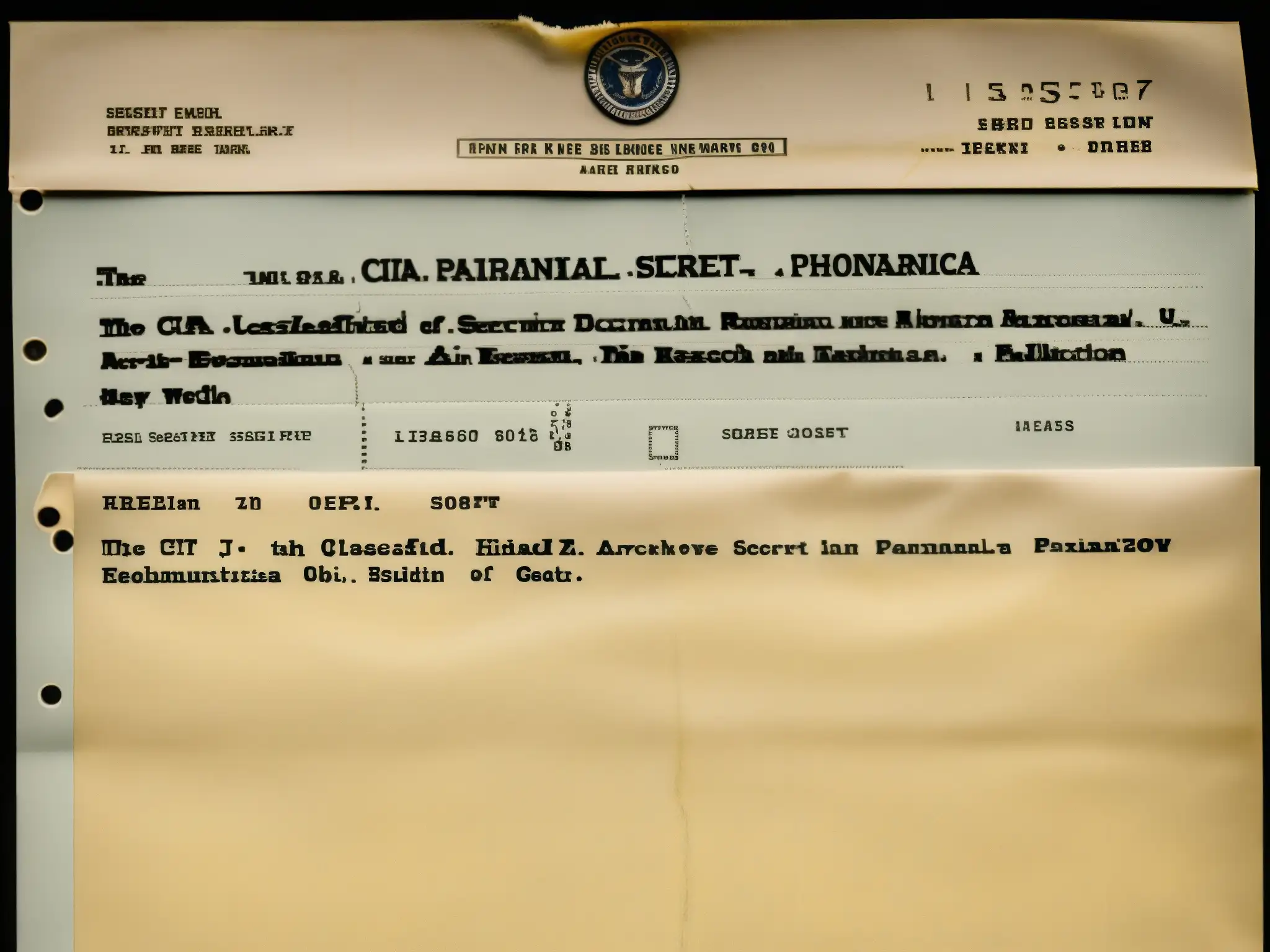 Archivos desclasificados fenómenos paranormales CIA: documento antiguo con tinta desvanecida, sellos oficiales y secciones censuradas