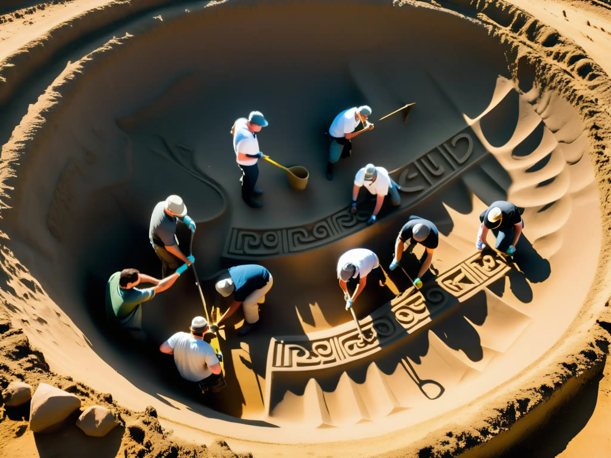 Arqueólogos excavando en Moundville, revelando el origen y significado del culto a la serpiente en arte precolombino