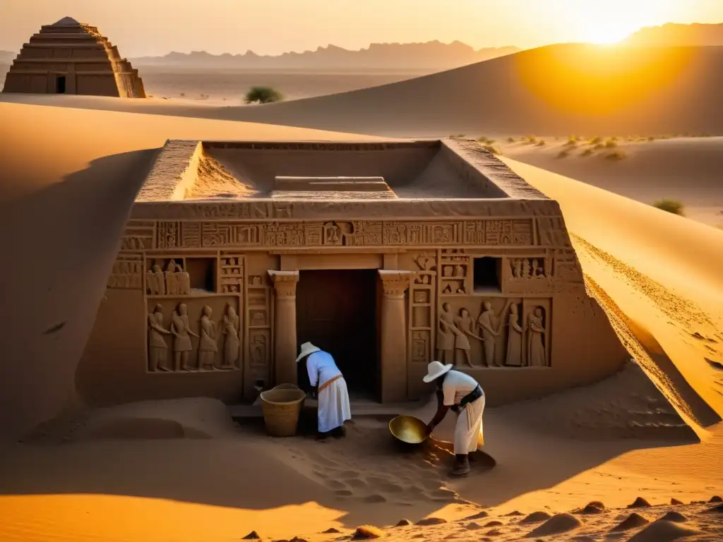 Arqueólogos excavando una tumba antigua en el desierto al atardecer, descubriendo el Tesoro maldito de Tombuctú entre ruinas doradas