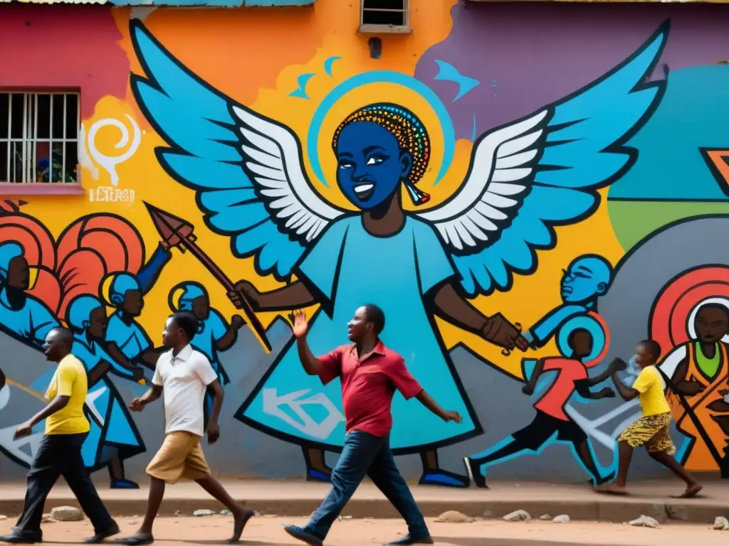 Arte callejero en África urbana, con graffiti de Ángeles y Demonios en una intensa lucha