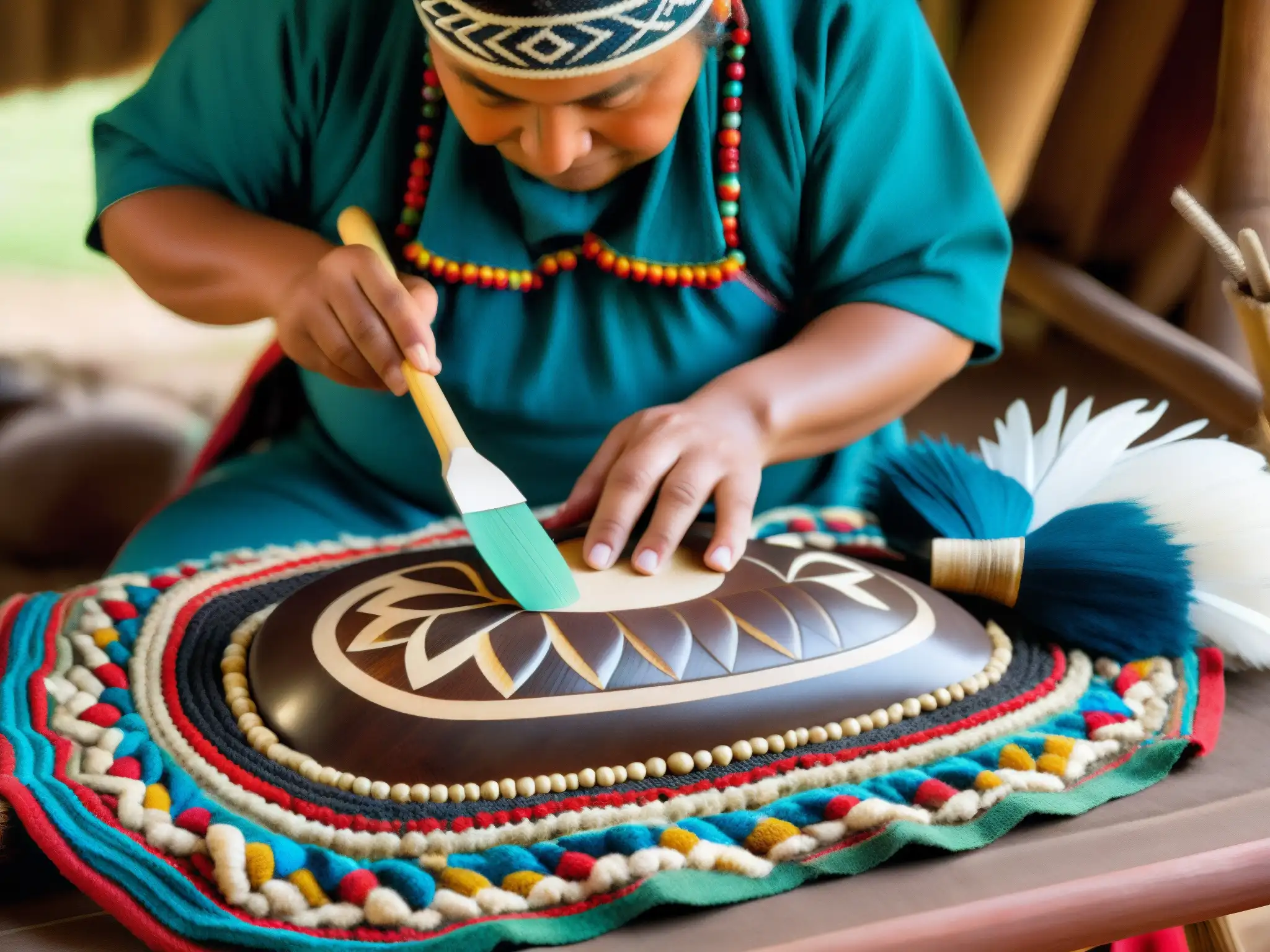 Un artesano Mapuche talla un detallado diseño en un Camahueto de madera, rodeado de lana, plumas y conchas