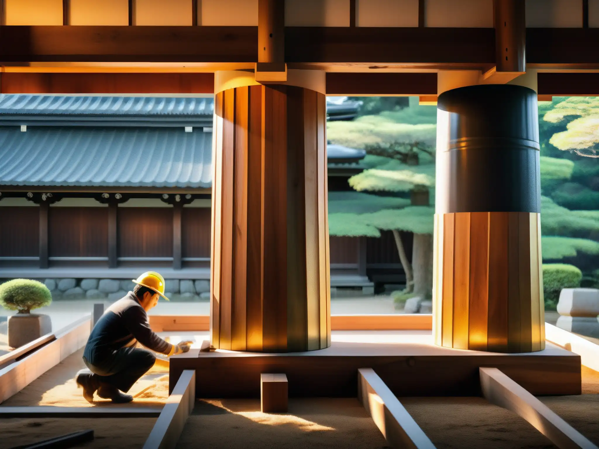 Artesanos japoneses colocan con cuidado un hitobashira en un templo, mostrando misterio y tradición en la arquitectura japonesa