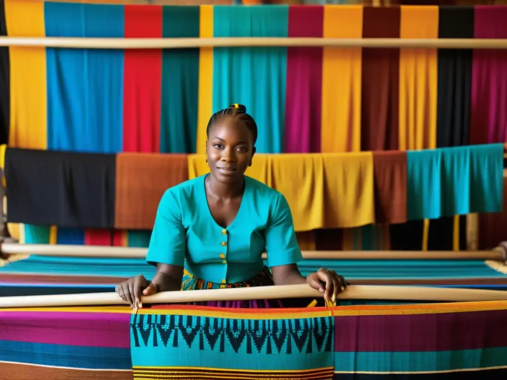 Artesanos tejendo telas coloridas en la región Ashanti de Ghana, capturando el origen misterioso de Anansi y la herencia cultural africana
