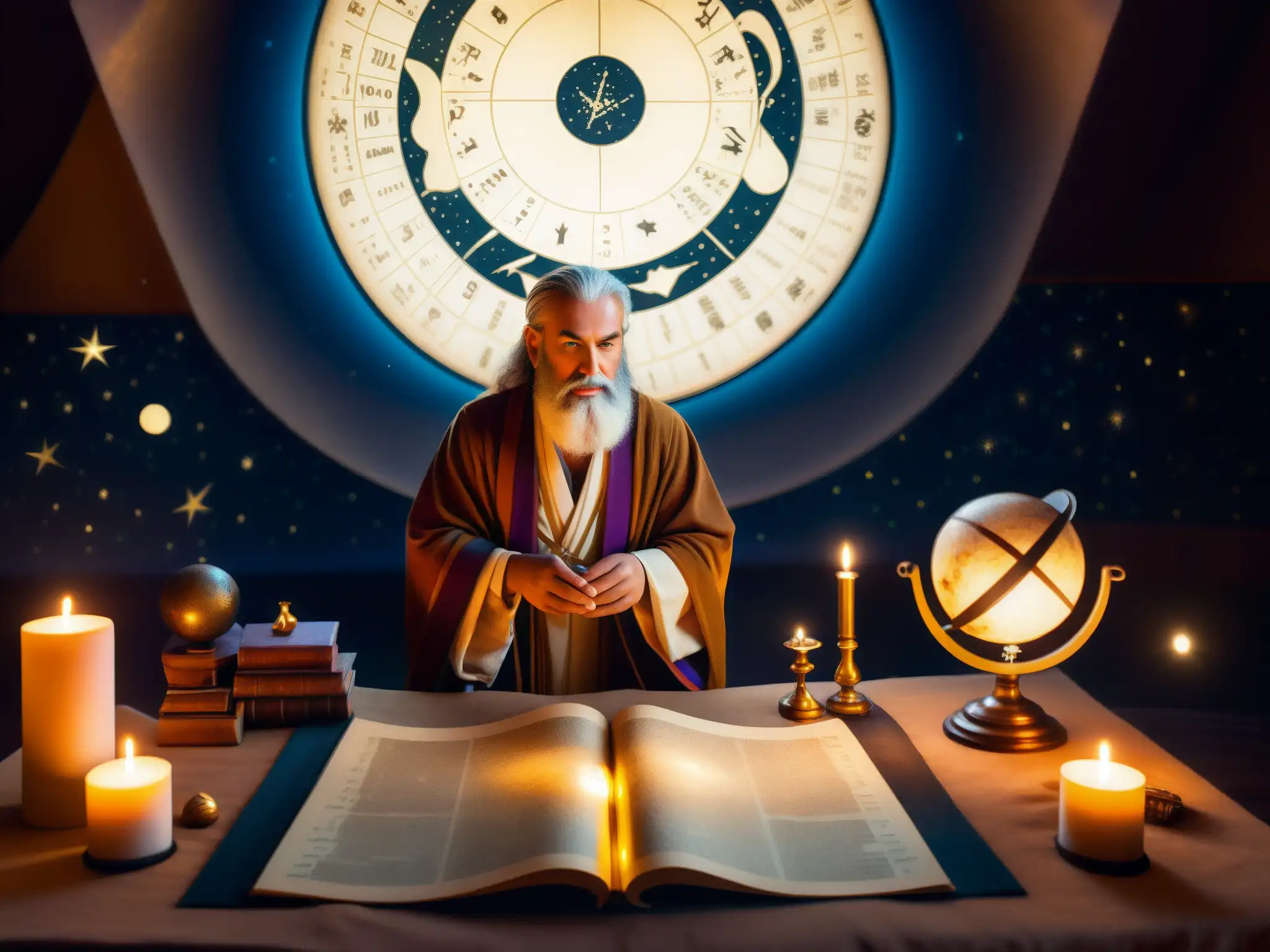 Un astrólogo misterioso observa el universo entre libros antiguos con un aire de concentración