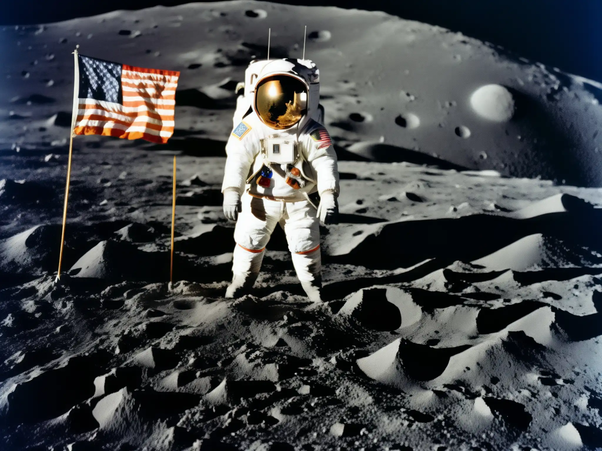 Un astronauta en la Luna saluda la bandera estadounidense, con la Tierra al fondo