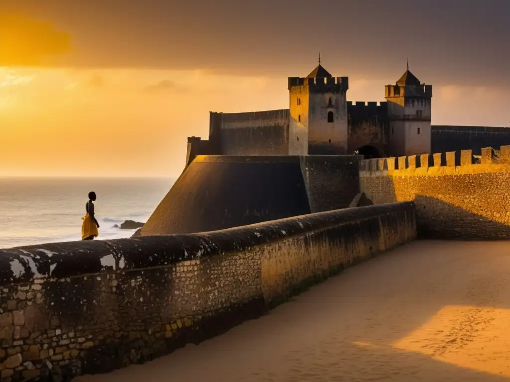 Un atardecer dorado ilumina las antiguas murallas de Elmina Castle en Ghana, evocando espíritus y leyendas en Ghana