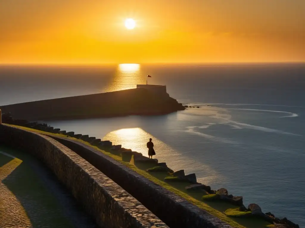 Un atardecer encantador sobre el antiguo Fuerte São Jorge da Mina, con la silueta de una figura solitaria mirando al océano Atlántico