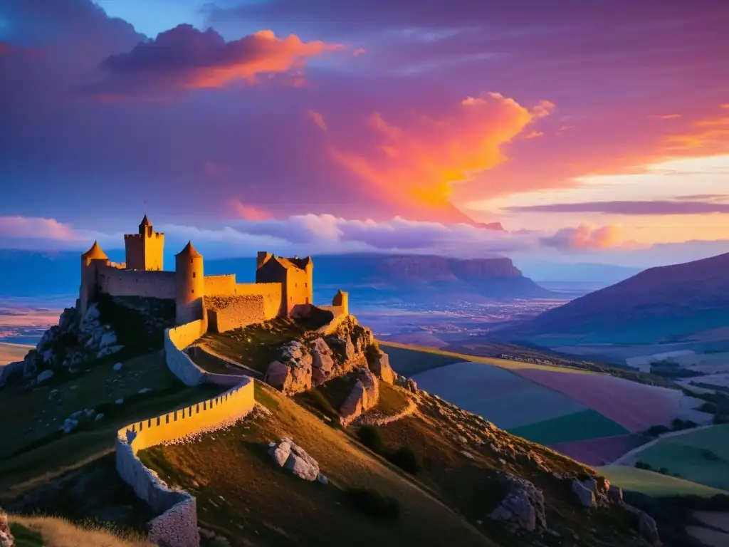 Un atardecer impresionante sobre las montañas de Aragón, iluminando las ruinas del castillo de la Princesa Peralta con tonos dorados