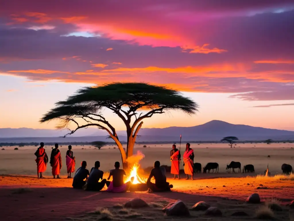 Un atardecer mágico en Kenia, con guerreros Maasai alrededor de una fogata