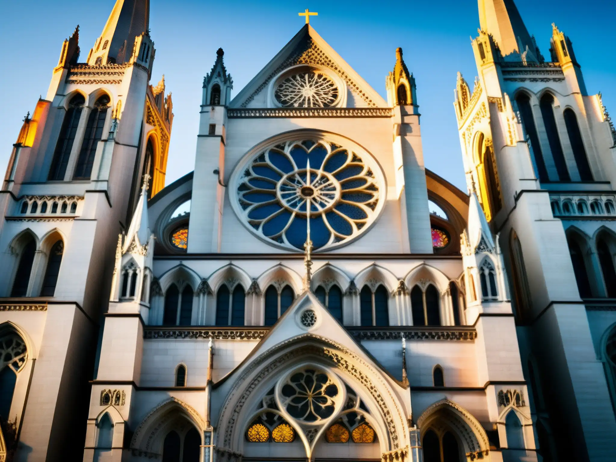 El atardecer ilumina la majestuosa Iglesia Riverside en Nueva York, resaltando sus detalles góticos y vitrales, con personas congregadas