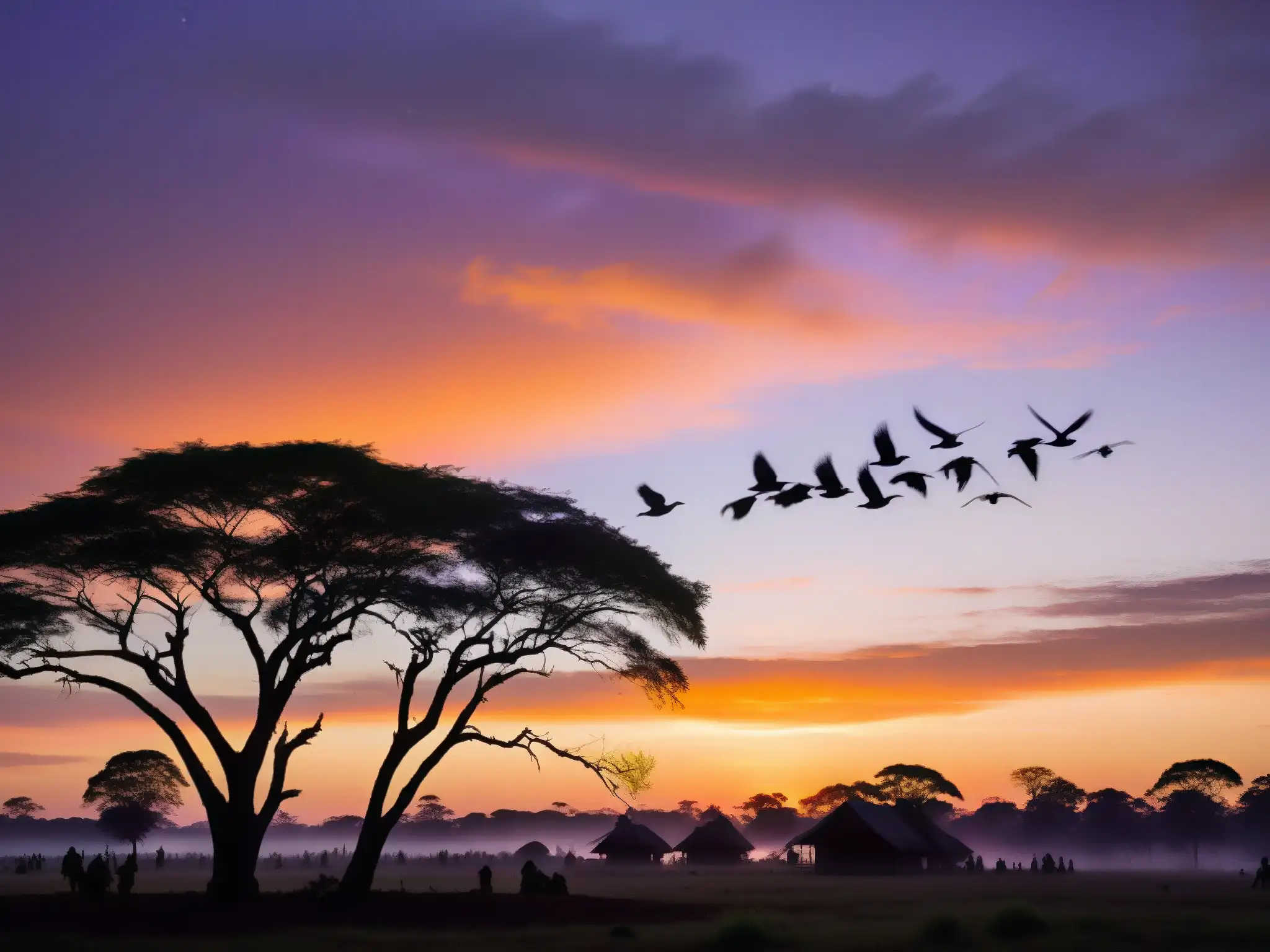 Un atardecer misterioso en Jatinga, con aves borrosas descendiendo hacia la aldea iluminada