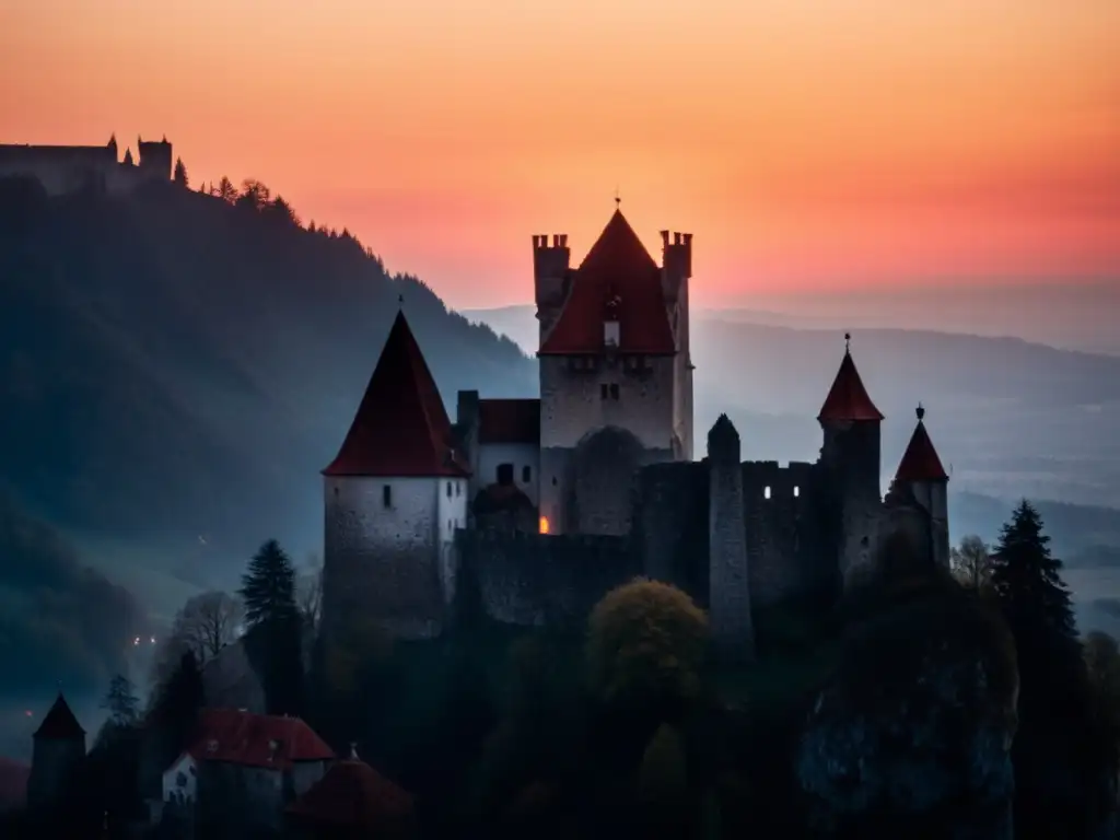 Un atardecer siniestro en las ruinas del Castillo de Bran en Transilvania, evocando la leyenda de Drácula y su origen