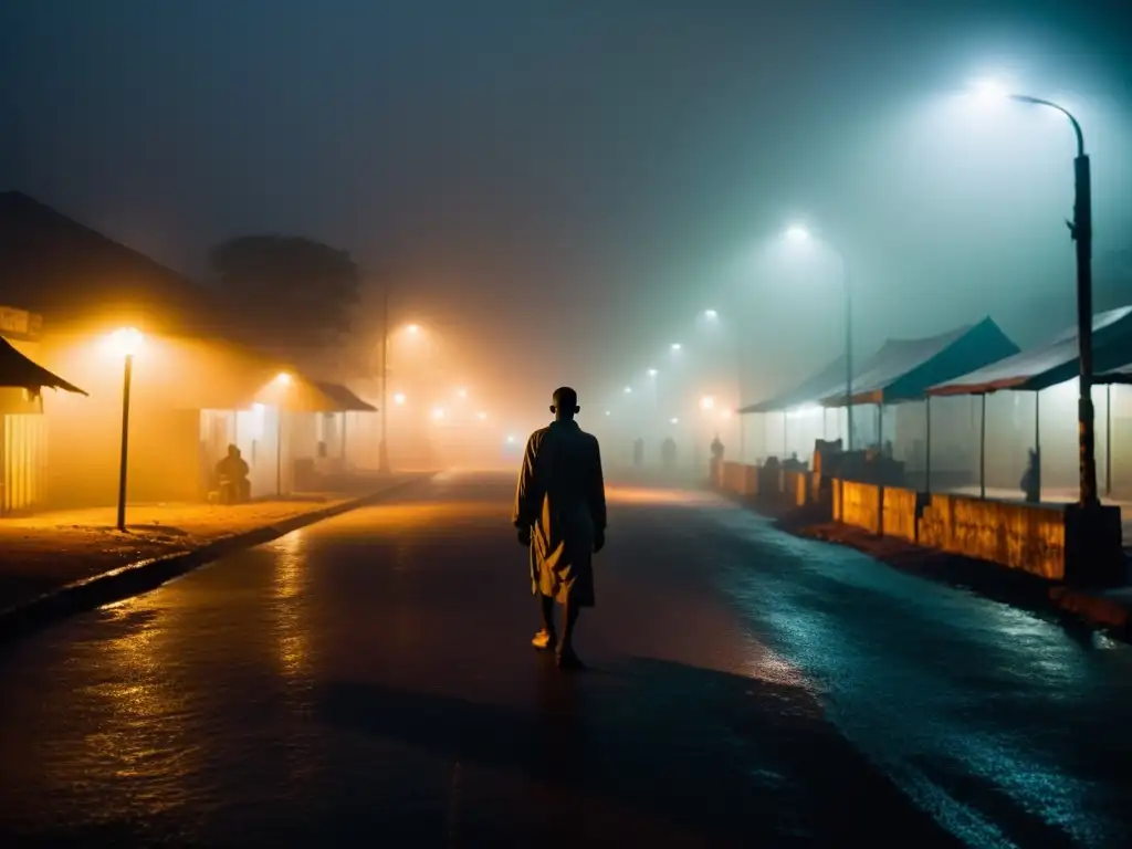Aterradora noche en las calles de Nairobi, con la neblina y figuras misteriosas, capturando encuentros sobrenaturales
