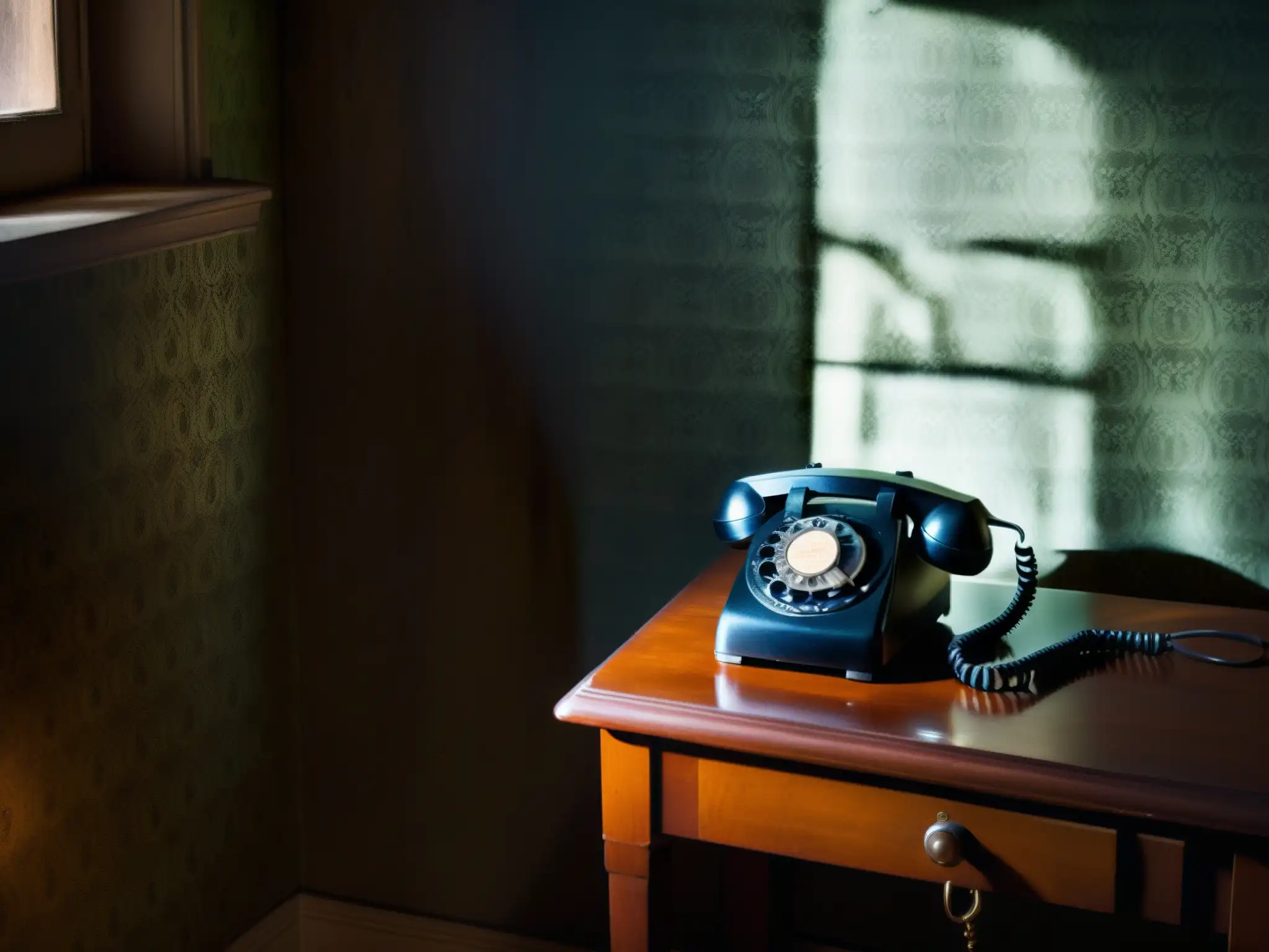 Una atmósfera inquietante envuelve la habitación con un teléfono antiguo y la llamada telefónica de la muerte