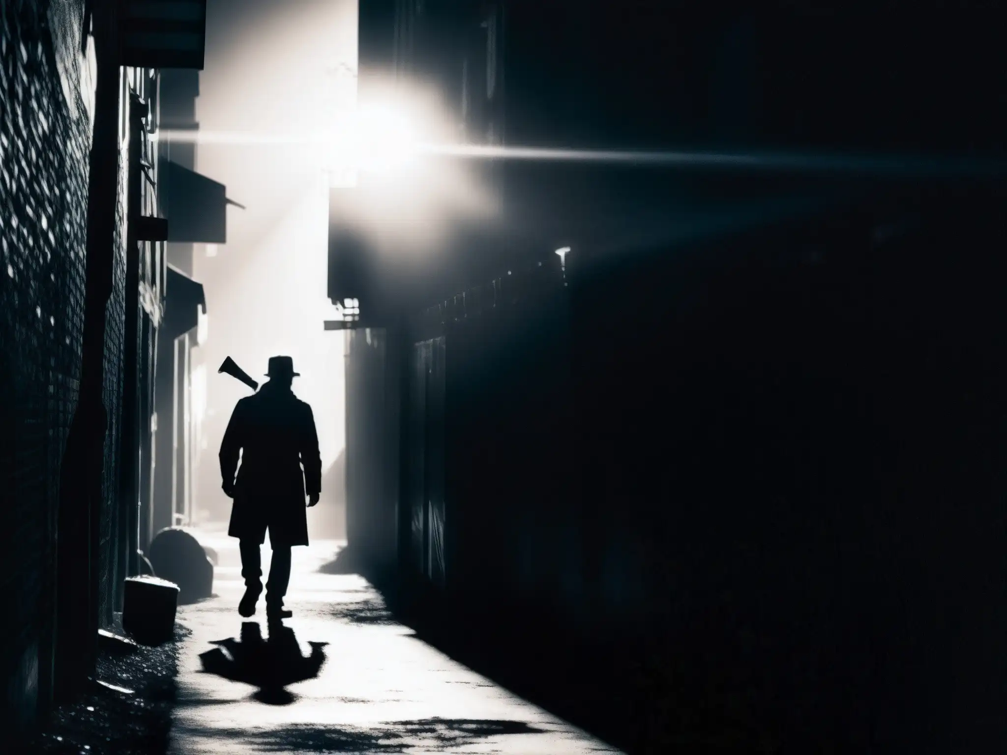 Una atmósfera de misterio y temor en un callejón oscuro, con una figura amenazante sosteniendo un hacha